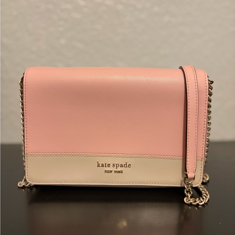 Kate Spade Small Flap Crossbody Light Pink & Grey Saffiano Leather